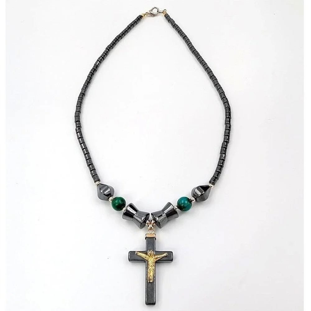 Vintage Crucifix Necklace‎ Men Hematite Cross Pendant Gunmetal Beads Catholic
